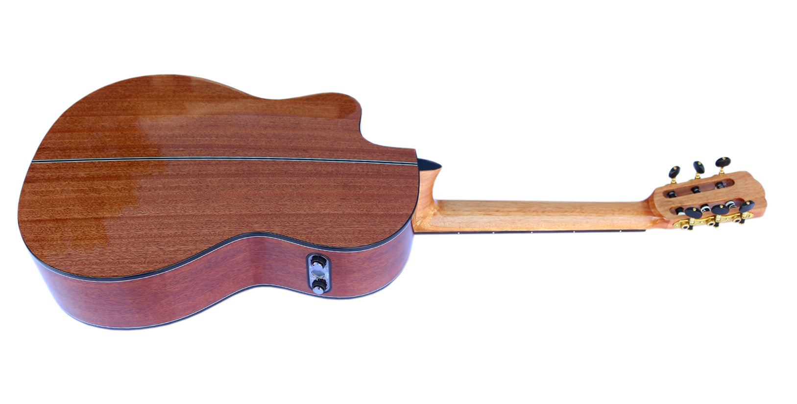 Båndløs klassisk guitar CP-4 — set bagfra med betjeningsknapper på siden