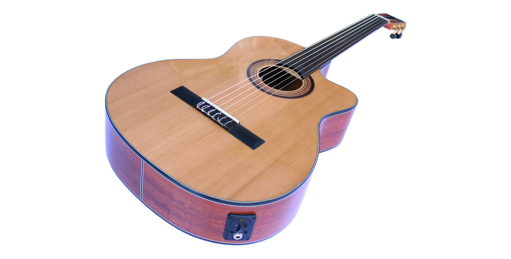 Båndløs klassisk guitar CP-4 — krop og udgangsstik set skråt