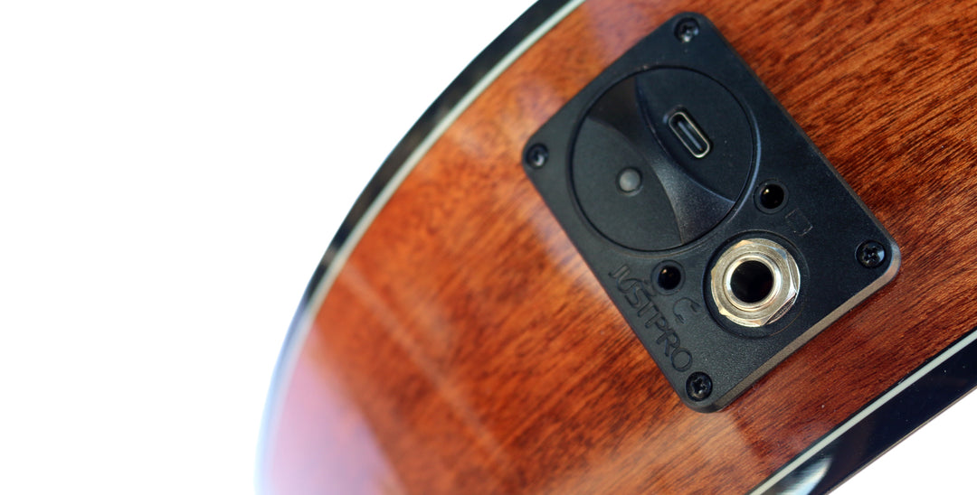 Båndløs klassisk guitar CP-4 — detalje af tilslutningspanelet