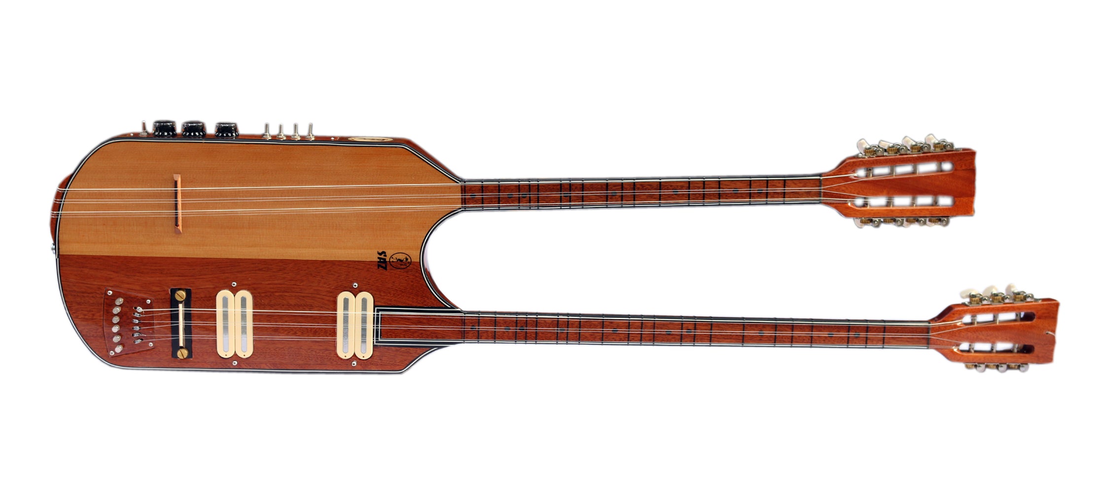 Sala yapımı çift boyunlu düz akustik bağlama ve elektro saz DBL-504