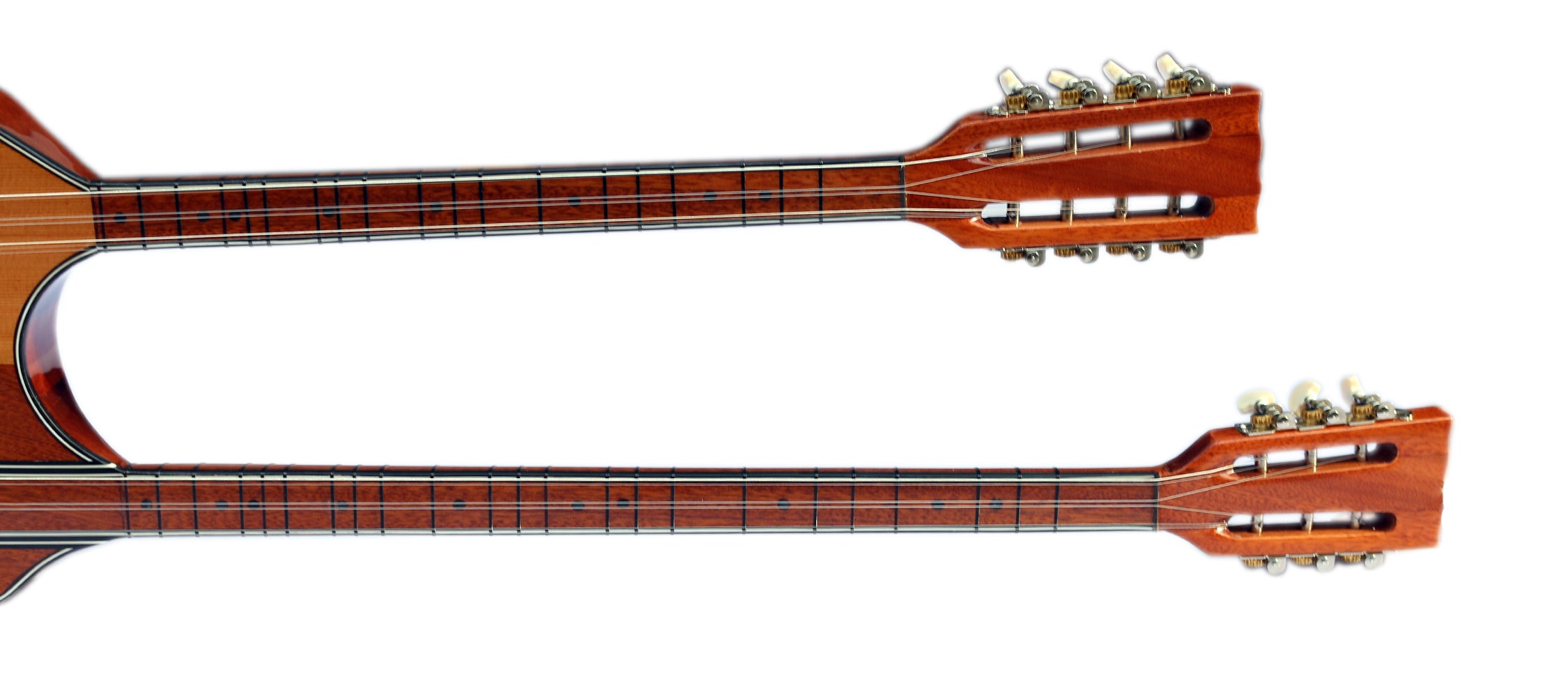 Akustik bağlama ve elektro ses özelliklerini birleştiren çift boyunlu saz DBL-504